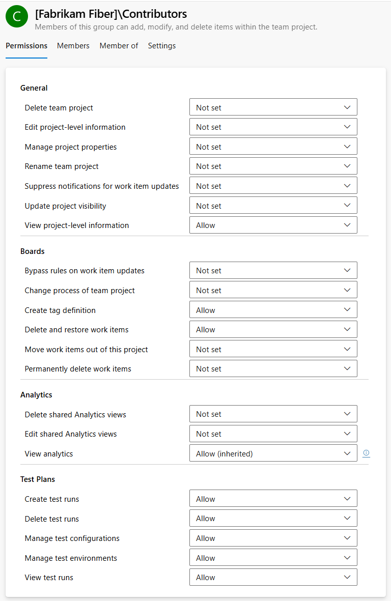 Screenshot della finestra di dialogo autorizzazioni a livello di progetto, Azure DevOps Services preview page.