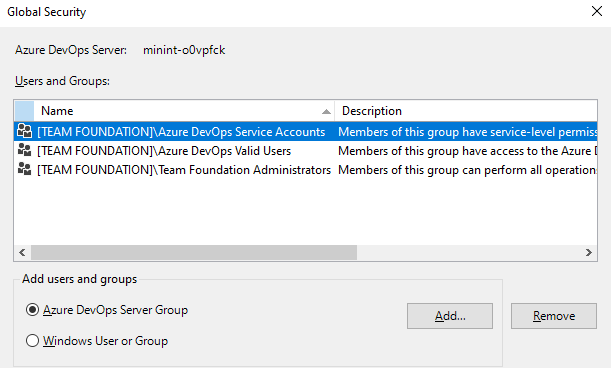 Screenshot di Azure DevOps finestra di dialogo Gruppo di sicurezza.