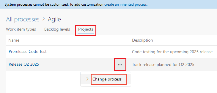 Screenshot che mostra come selezionare l'azione del processo di modifica per un progetto.