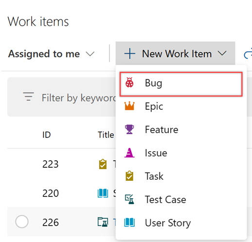 Screenshot della pagina Lavoro, Elementi di lavoro, Aggiungi nuovo elemento di lavoro, Sequenza di bug.