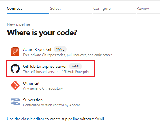 Screenshot della scelta di GitHub come posizione per il codice.