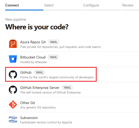 Schermata della selezione di GitHub come posizione del tuo codice.
