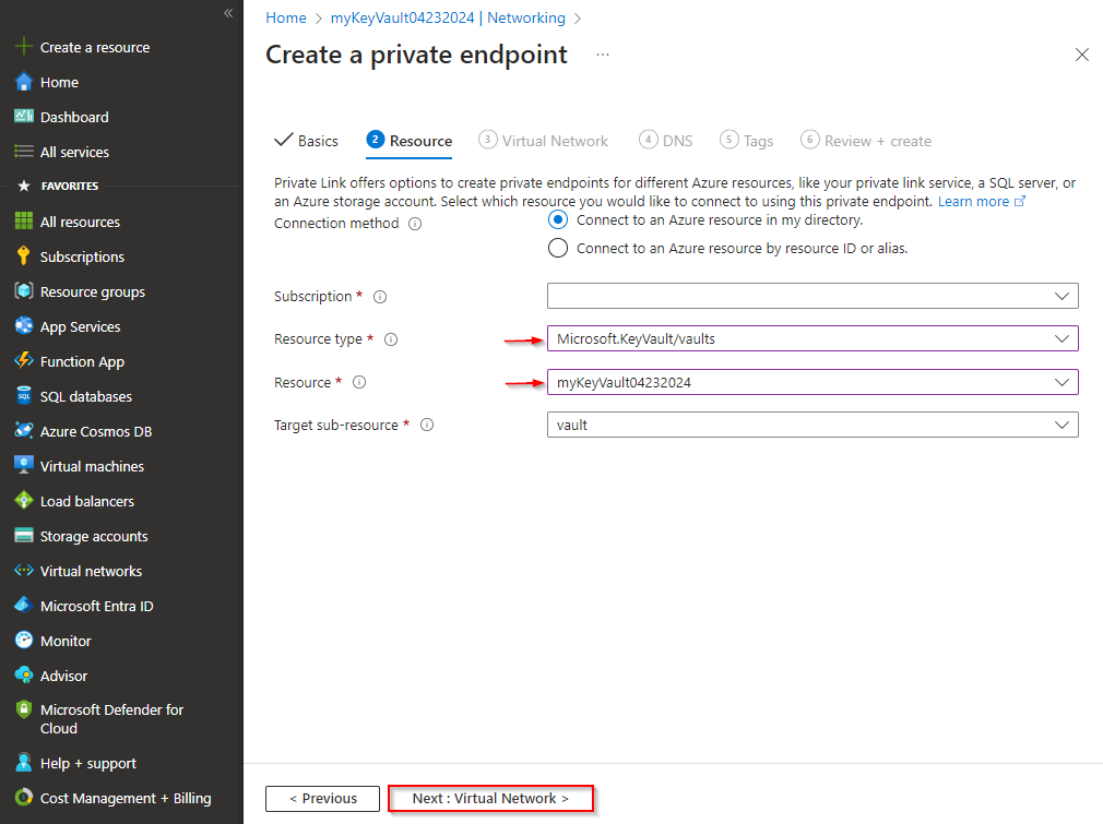 Screenshot che mostra come configurare la scheda Risorse quando si crea una nuova istanza di endpoint privato per l'Azure Key Vault.
