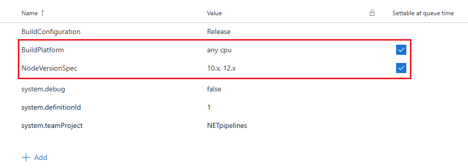 Screenshot della definizione di una variabile in una pipeline classica.