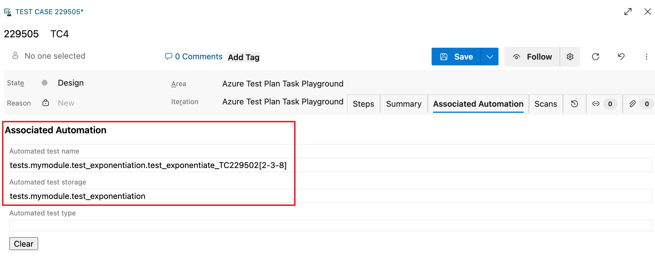 Screenshot di un test case con un test automatizzato associato.