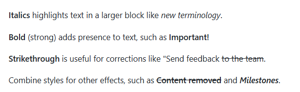 Screenshot della visualizzazione pubblicata degli stili di enfasi del testo Markdown.