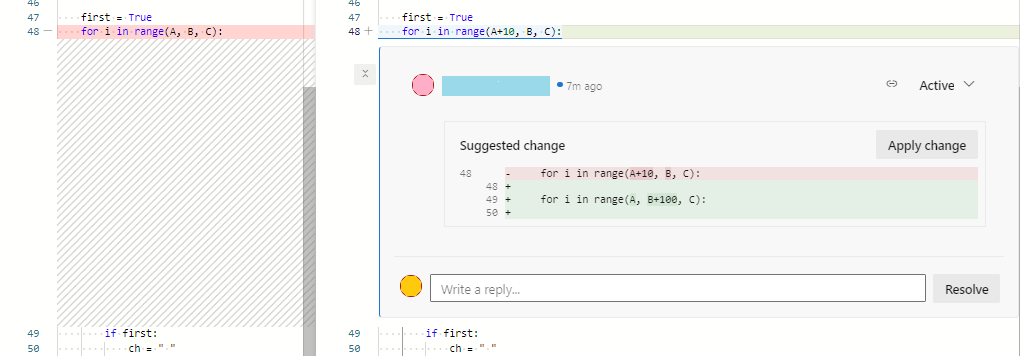 Screenshot di una modifica suggerita per il codice in un commento di pull request.