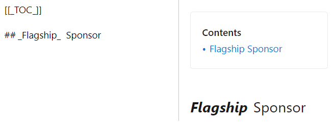 Screenshot che mostra come il sistema di pubblicazione ignora la formattazione aggiuntiva per un'intestazione quando crea la voce per il sommario.