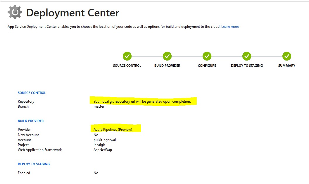 Distribuire le app Web Git locali in Azure.