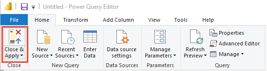 Screenshot dell'opzione Chiudi e applica in editor di Power Query.
