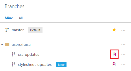 La screenshot mostra come eliminare il tuo ramo nel portale web di Azure DevOps.