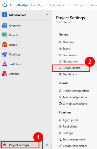 Screenshot che mostra l'opzione Service Hooks nel menu di amministrazione.