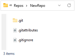 Screenshot della nuova cartella del repository in Esplora file di Windows che mostra una cartella .git, un file .gitignore e un file .gitattributes.