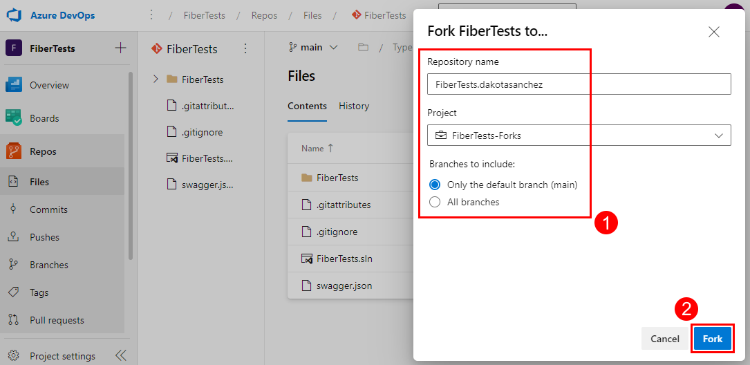 Screenshot della finestra di dialogo Fork nella pagina File del repository in Azure Repos.