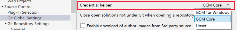 Screenshot delle impostazioni del gestore delle credenziali nella finestra di dialogo Opzioni in Visual Studio.