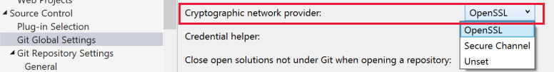 Screenshot dell'impostazione del Provider di rete crittografica con OpenSSL selezionato in Visual Studio.