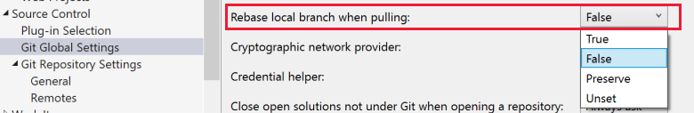 Screenshot dell'opzione di rebase nelle Impostazioni globali di Git nella finestra di dialogo Opzioni di Visual Studio.