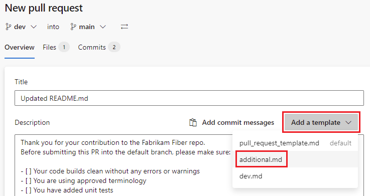 modello aggiuntivo di pull request