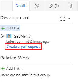 Screenshot della creazione di una pull request dall'area Sviluppo di un elemento di lavoro con un branch collegato.