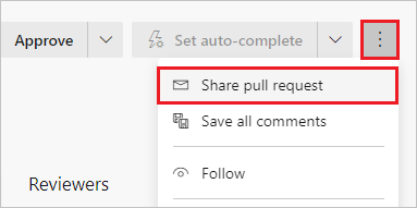 Screenshot che mostra la selezione di Condividi pull request nella pagina Panoramica di P R.
