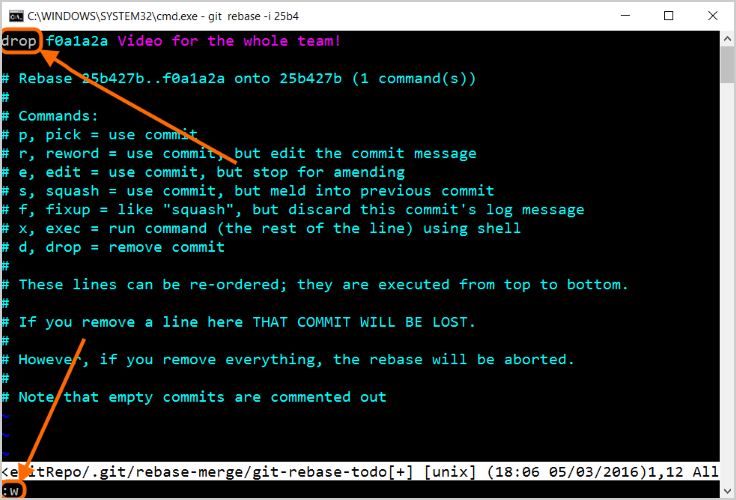 Screenshot che mostra il prompt dei comandi: git rebase -i comando drop 25b4.