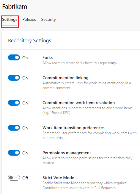Screenshot che mostra la scheda Impostazioni del progetto repo selezionata.