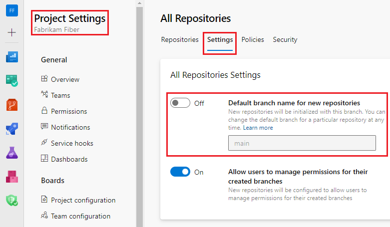 Screenshot che mostra le impostazioni a livello di progetto per il nome predefinito del ramo nei nuovi repository.