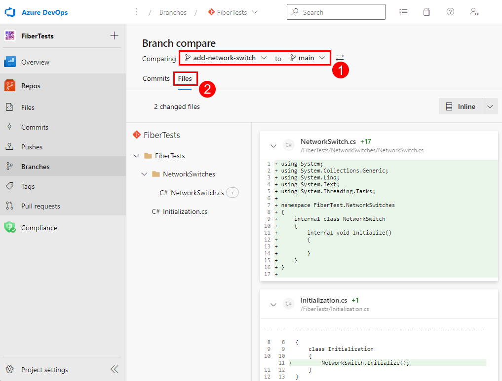 Screenshot della scheda File nella visualizzazione Confronto tra branch nella pagina del repository Azure DevOps.