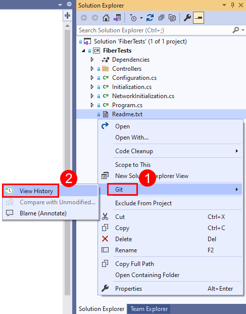 Screenshot dell'opzione Visualizza cronologia nel menu contestuale del file in Esplora soluzioni di Visual Studio.
