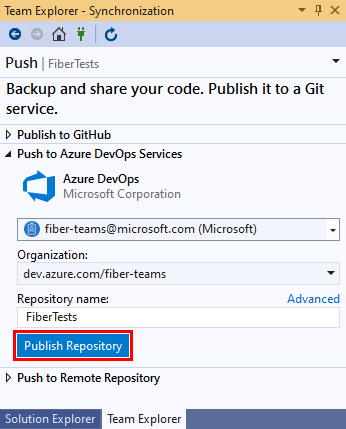 Screenshot delle opzioni del nome dell'organizzazione e del repository e del pulsante 