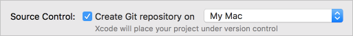 Screenshot che mostra come creare un repository Git al momento della creazione del progetto Xcode.