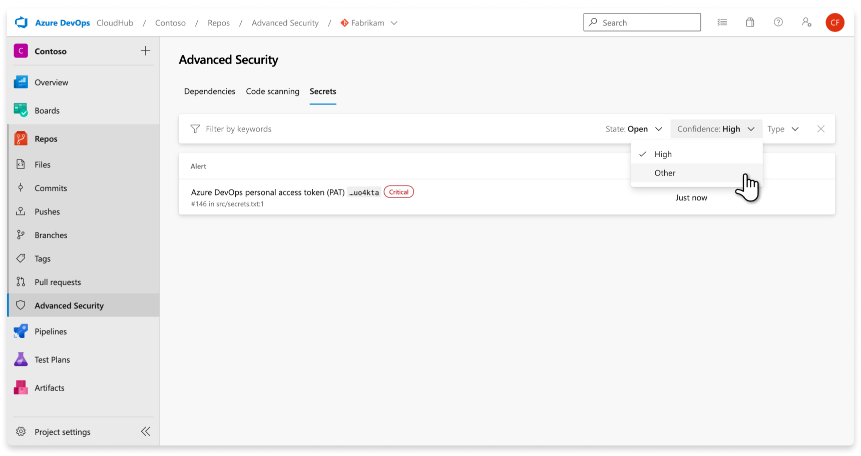 Screenshot del filtro di attendibilità dell'analisi dei segreti di Sicurezza avanzata di GitHub.