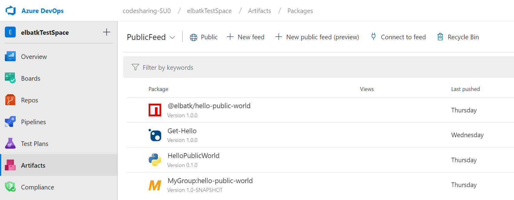 Screenshot che mostra la pagina PublicFeed per i tuoi pacchetti.