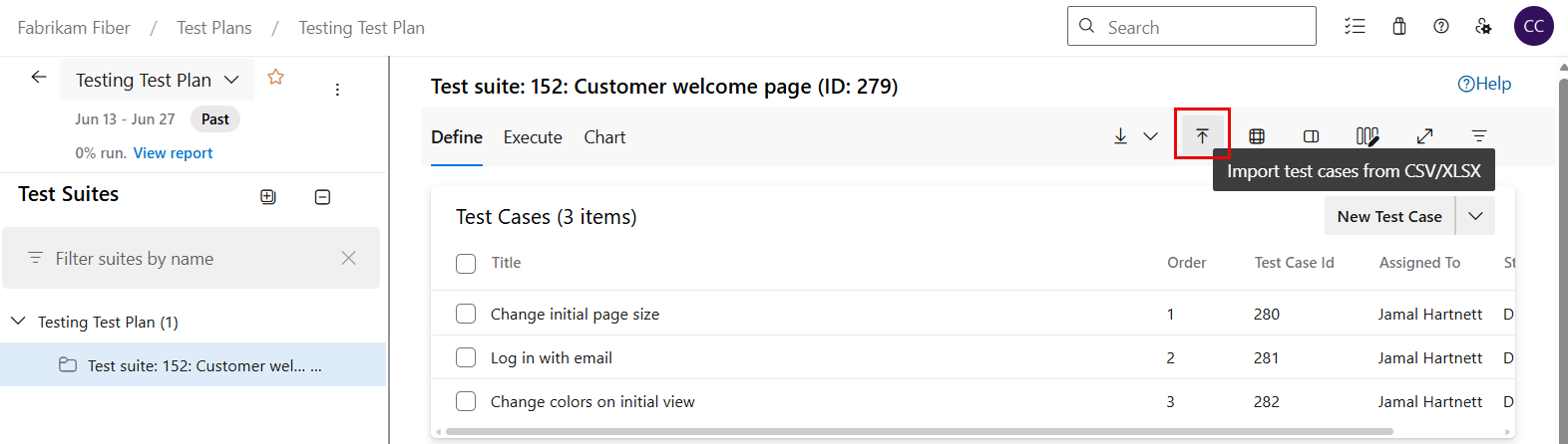 Screenshot dell'importazione di test case nella suite di test selezionata.