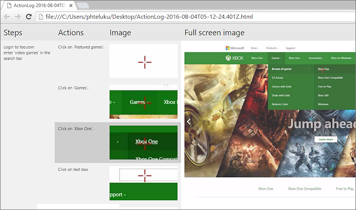 Screenshot che mostra la visualizzazione dei dati registrati nel registro delle azioni immagine.