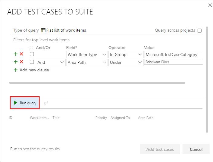 Screenshot che mostra la finestra di dialogo di aggiunta dei test case alla suite con il pulsante Esegui query evidenziato.