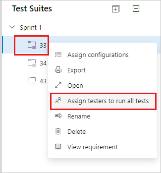 Screenshot che mostra l'opzione Assegna i tester per eseguire tutti i test in un menu contestuale della suite di test.