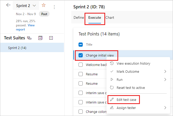 Screenshot che mostra l'opzione Modifica caso di test per un caso di test nel menu di scelta rapida.