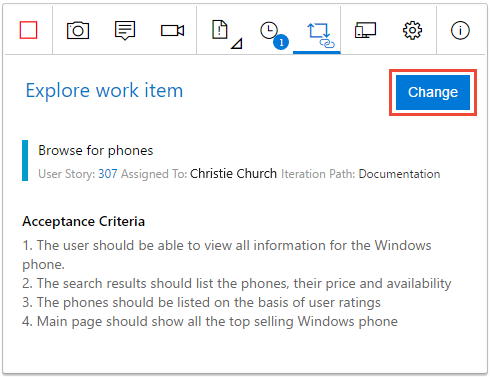 Screenshot che mostra la modifica dell'elemento di lavoro da esplorare.
