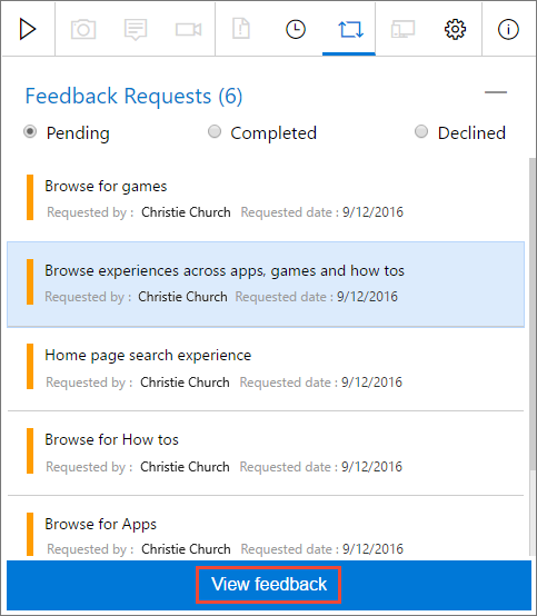 Screenshot della selezione di una richiesta di feedback nell'elenco Richieste di feedback per visualizzarne i dettagli.