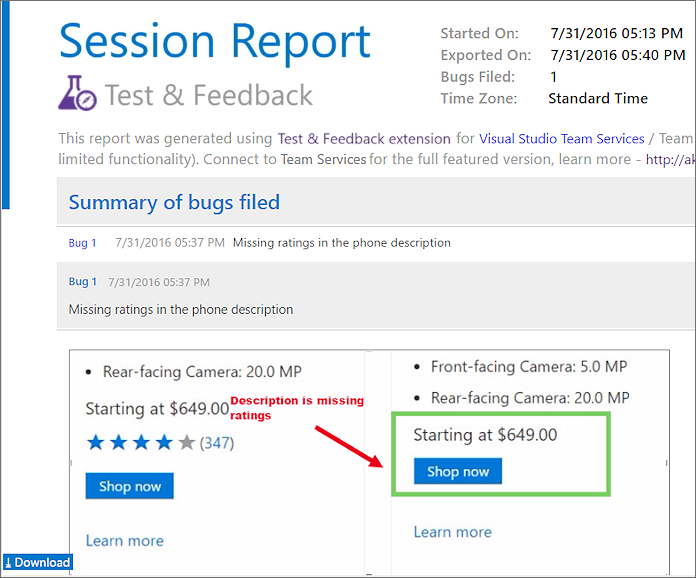 Screenshot mostra il report di test esplorativo.