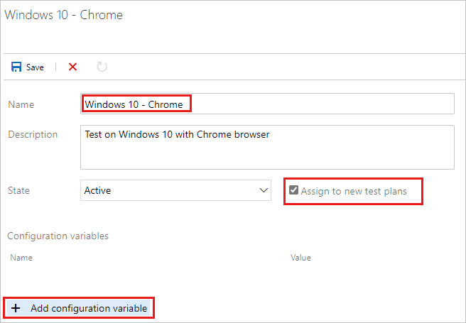 Screenshot dell'aggiunta di variabili alla nuova configurazione di test.