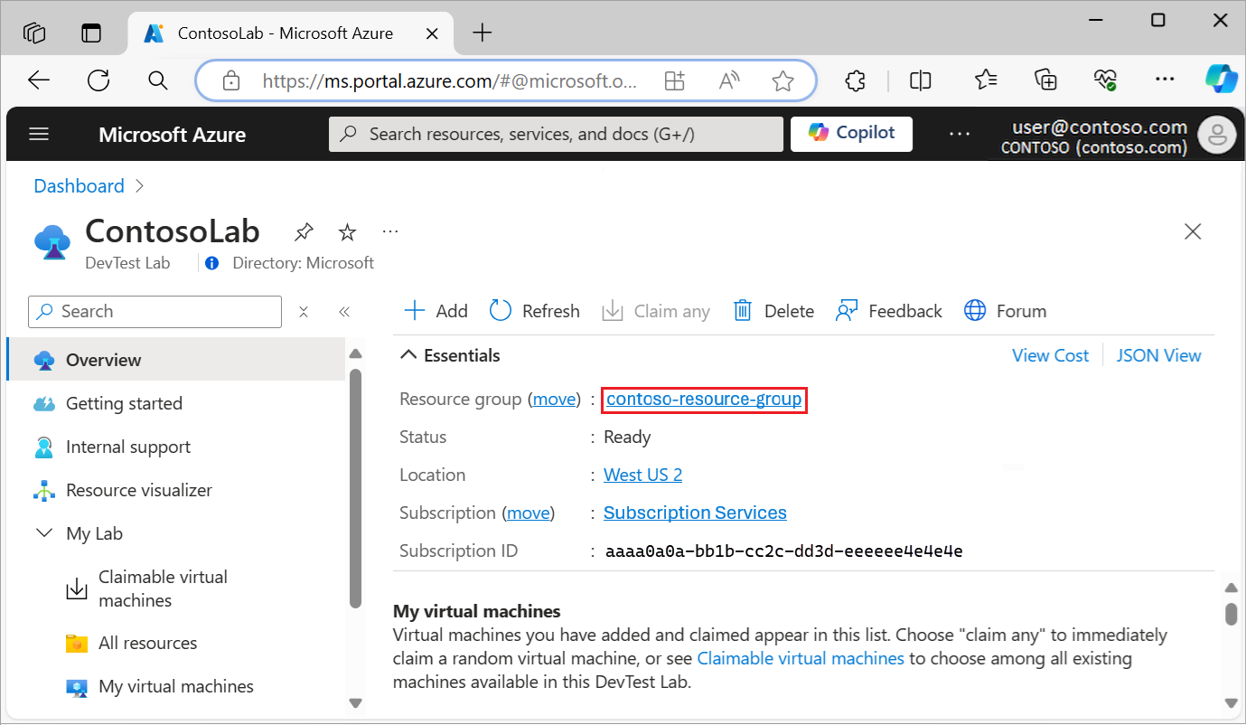 Screenshot che mostra come selezionare il gruppo di risorse per la risorsa DevTest Labs nella pagina Panoramica del lab.