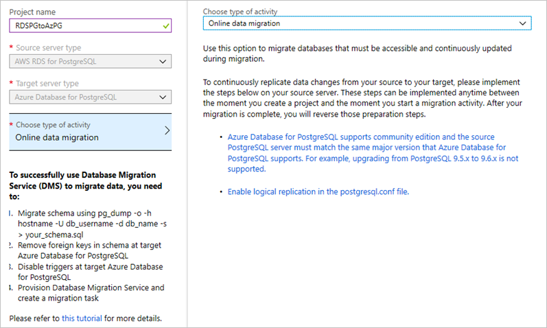 Screenshot della creazione di un progetto del Servizio Migrazione del database.