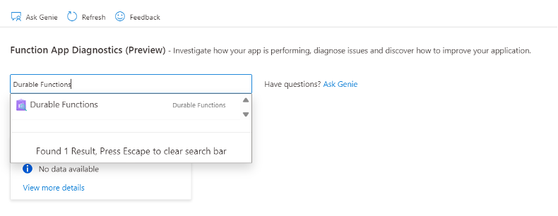 Screenshot che mostra come cercare il rilevatore di Durable Functions nella diagnostica dell'app Funzioni di Azure.