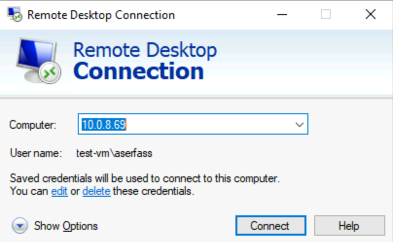 Screenshot che mostra la schermata di accesso per la macchina virtuale remota.