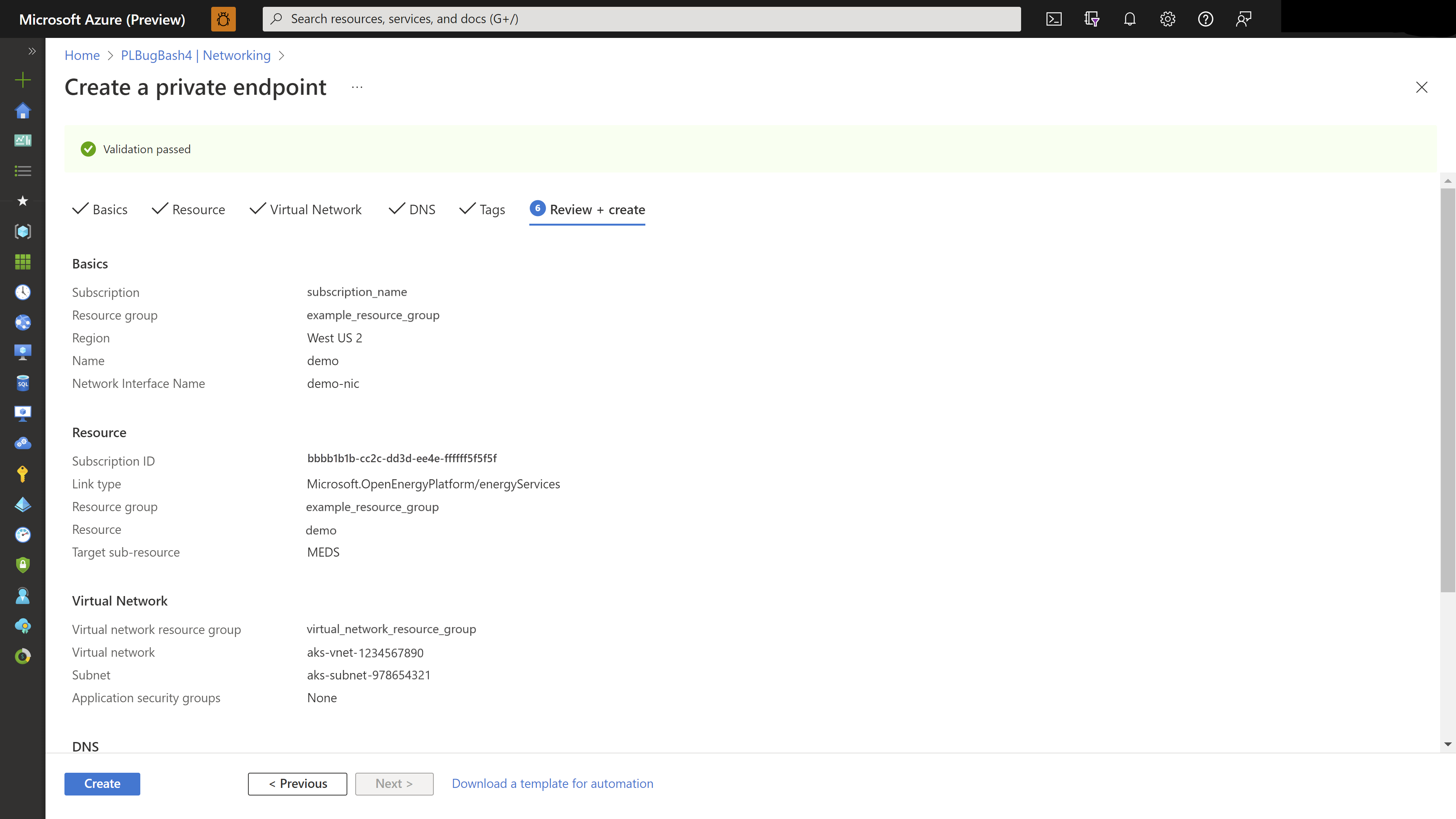 Screenshot della pagina che riepiloga e convalida la configurazione dell'endpoint privato.