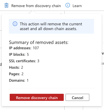 Screenshot che mostra la casella di conferma per rimuovere l'asset corrente e tutti gli asset a valle, con un riepilogo degli altri asset rimossi anch'esso.