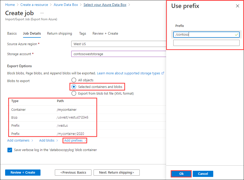 Screenshot che mostra i contenitori e i BLOB selezionati per un nuovo processo di esportazione Import/Export di Azure nel portale.