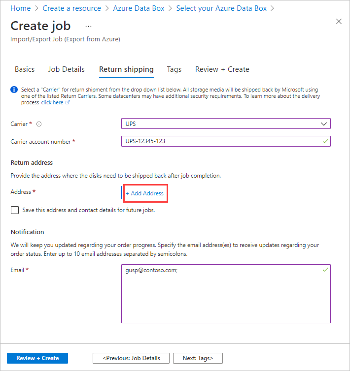 Screenshot della scheda Spedizione per reso per un processo di importazione in Azure Data Box. La scheda Spedizione per reso e il pulsante Più Aggiungi indirizzo sono evidenziati.